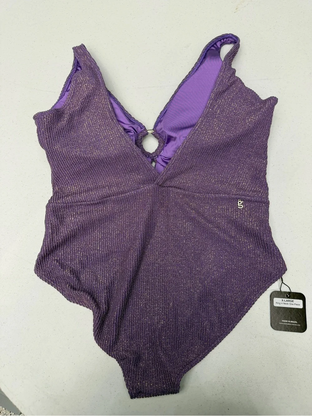 Guria Lurex Ring V Neck One Piece Swimsuit Purple Lavender Crinkle XL
